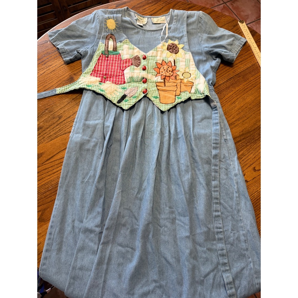 Vintage 1998 Country Wear Denim Garden Embroidery Midi Dress Womens 12 Blue